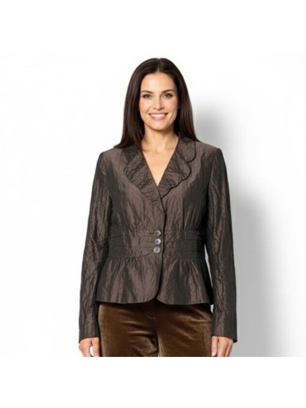 IRIS SETLAKWE Brown Fully Lined Peplum Crinkle Blazer MADE IN CANADA 🇨🇦 Sz 12